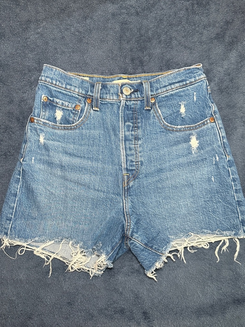 Levi's Distressed Medium Blue High-Waist Denim Shorts